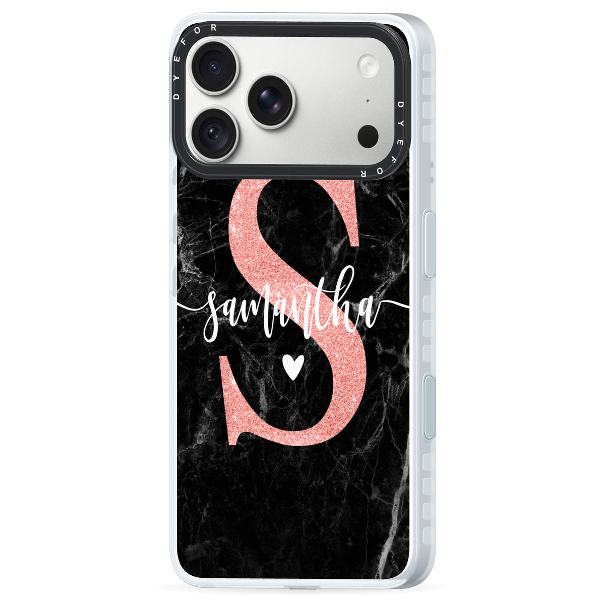 Black Marble Personalised Glitter Initial Name iPhone 18 Pro Max Black Impact Pre order Case Side Angle on Silver phone