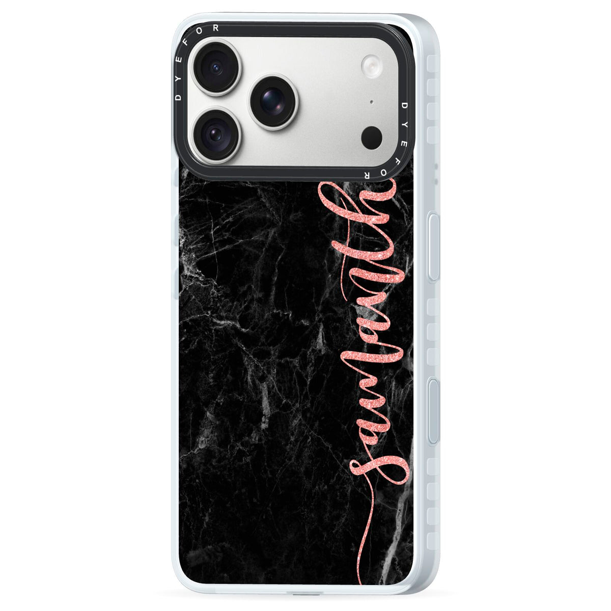 Black Marble Vertical Glitter Personalised Name iPhone 18 Pro Max Black Impact Pre order Case Side Angle on Silver phone