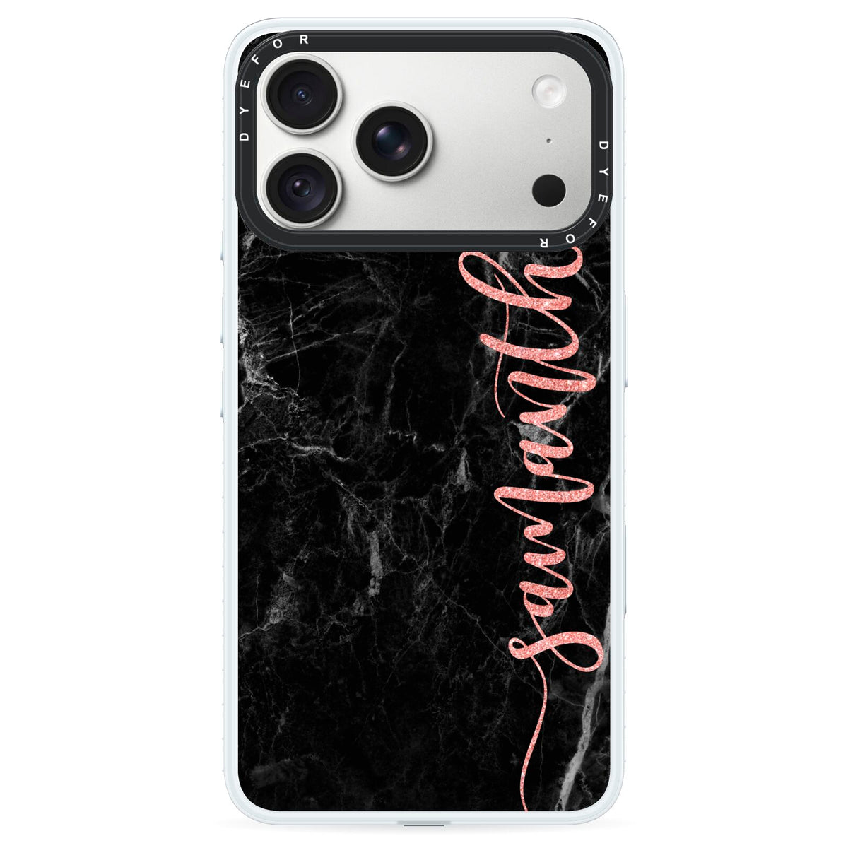 Black Marble Vertical Glitter Personalised Name iPhone 18 Pro Max Black Impact Pre order Case on Silver phone