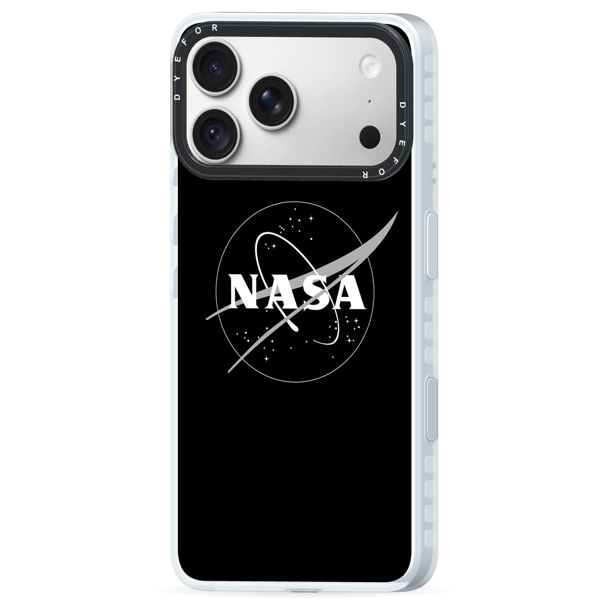 Black NASA Meatball iPhone 18 Pro Max Black Impact Pre order Case Side Angle on Silver phone