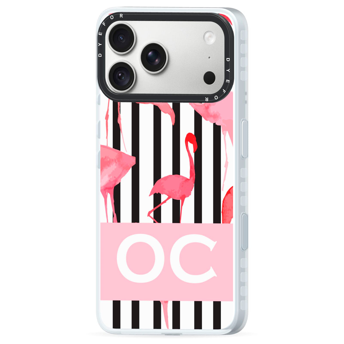 Black Striped Flamingo iPhone 18 Pro Black Impact Pre order Case Side Angle on Silver phone