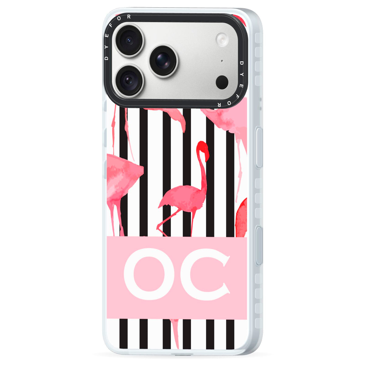 Black Striped Flamingo iPhone 18 Pro Max Black Impact Pre order Case Side Angle on Silver phone