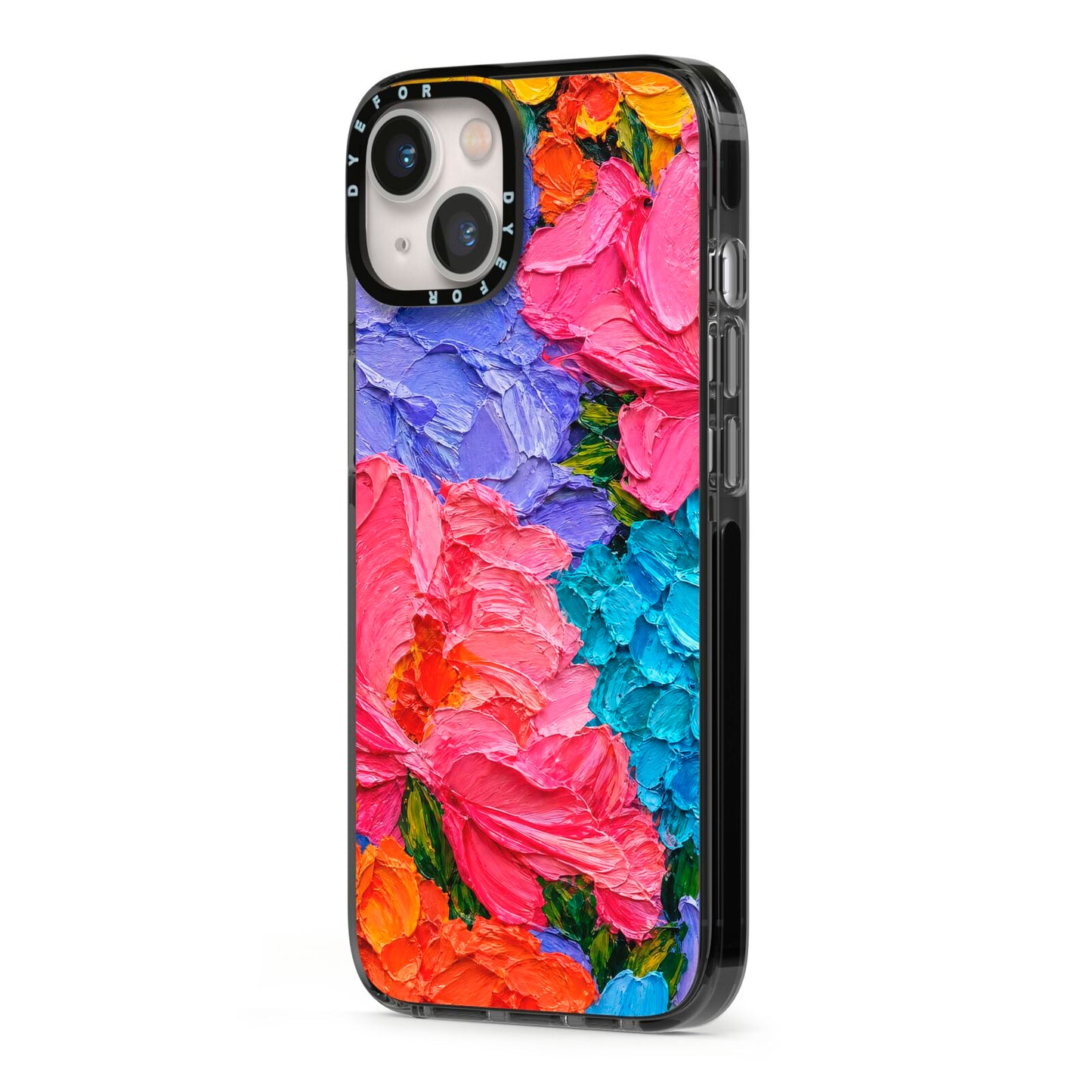 Bloom Riot iPhone 13 Black Impact Case Side Angle on Silver phone
