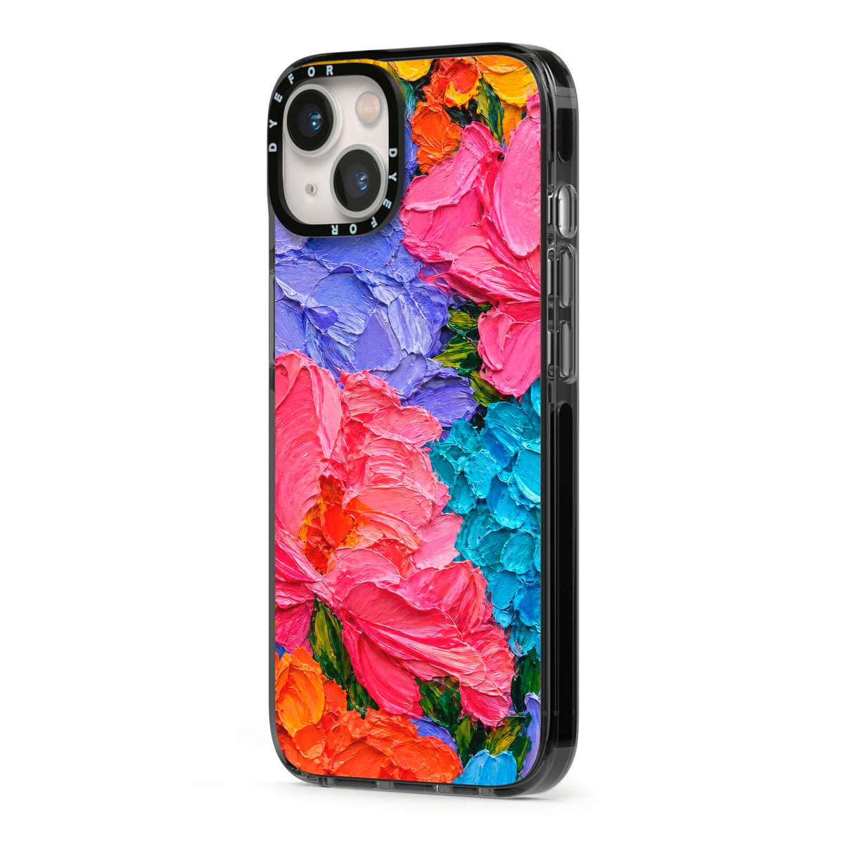 Bloom Riot iPhone 13 Black Impact Case Side Angle on Silver phone