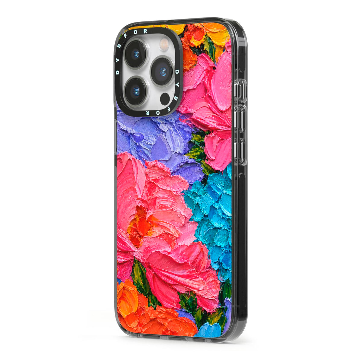 Bloom Riot iPhone 13 Pro Black Impact Case Side Angle on Silver phone