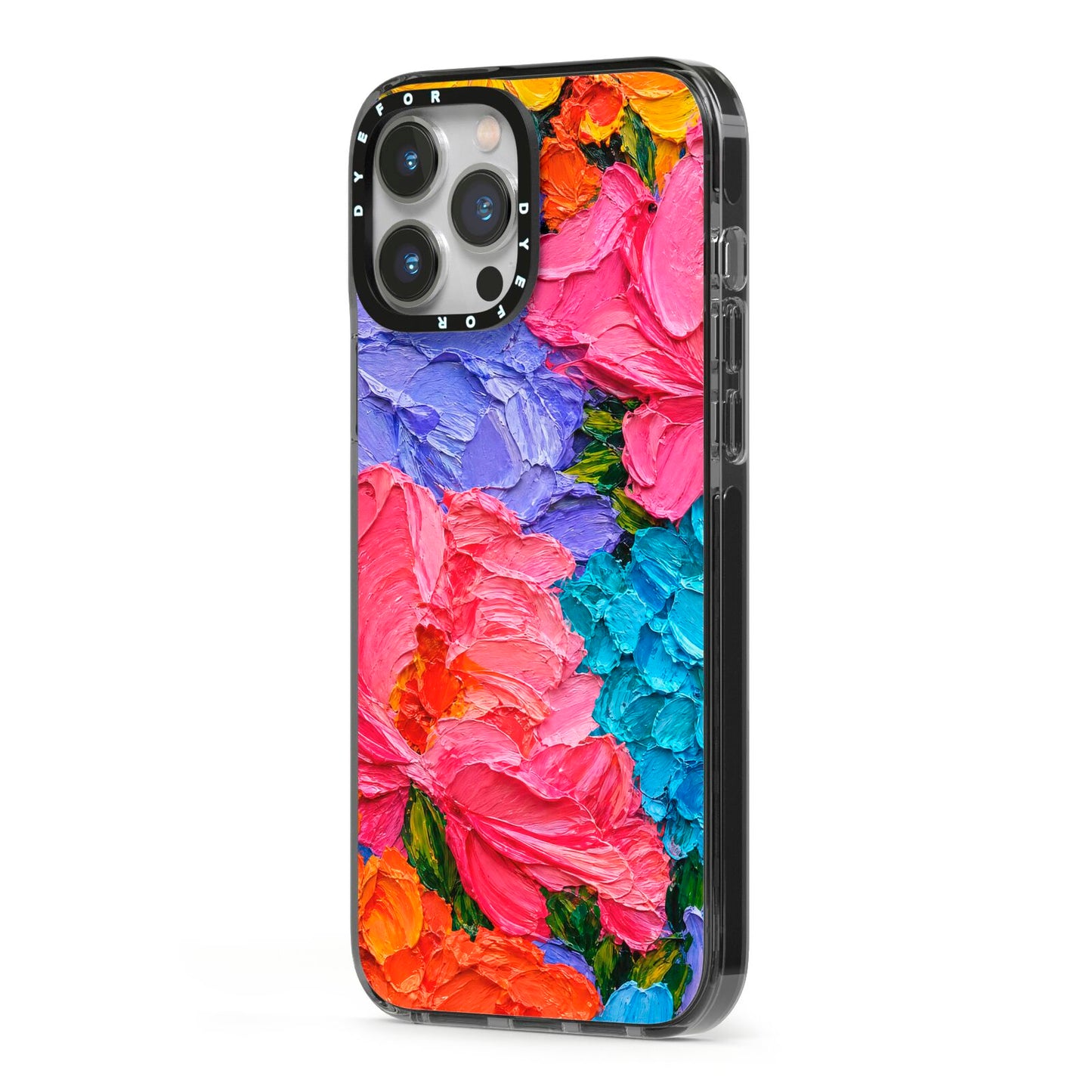 Bloom Riot iPhone 13 Pro Max Black Impact Case Side Angle on Silver phone