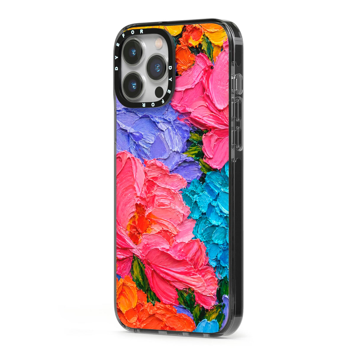 Bloom Riot iPhone 13 Pro Max Black Impact Case Side Angle on Silver phone
