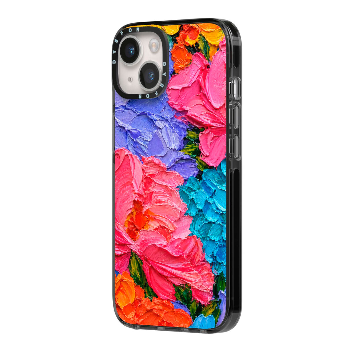Bloom Riot iPhone 14 Black Impact Case Side Angle on Silver phone
