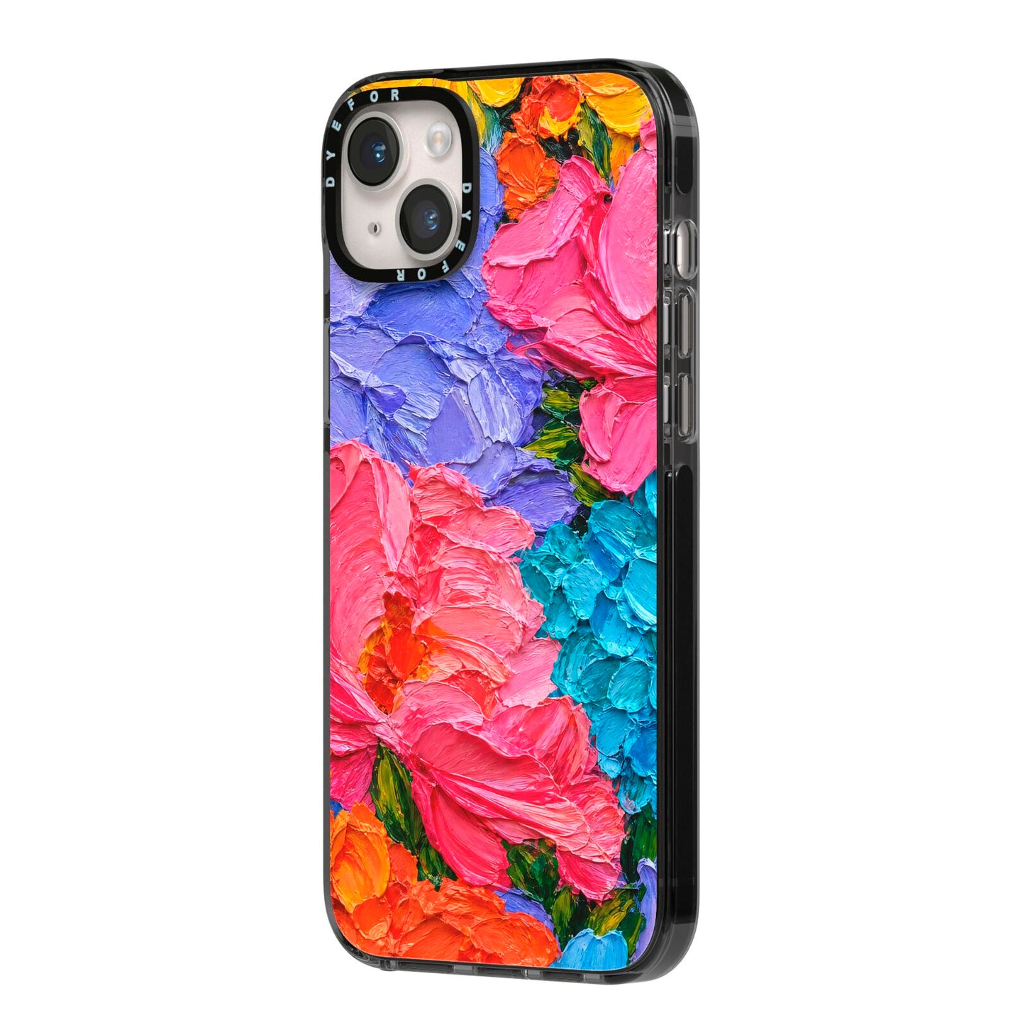 Bloom Riot iPhone 14 Plus Black Impact Case Side Angle on Silver phone
