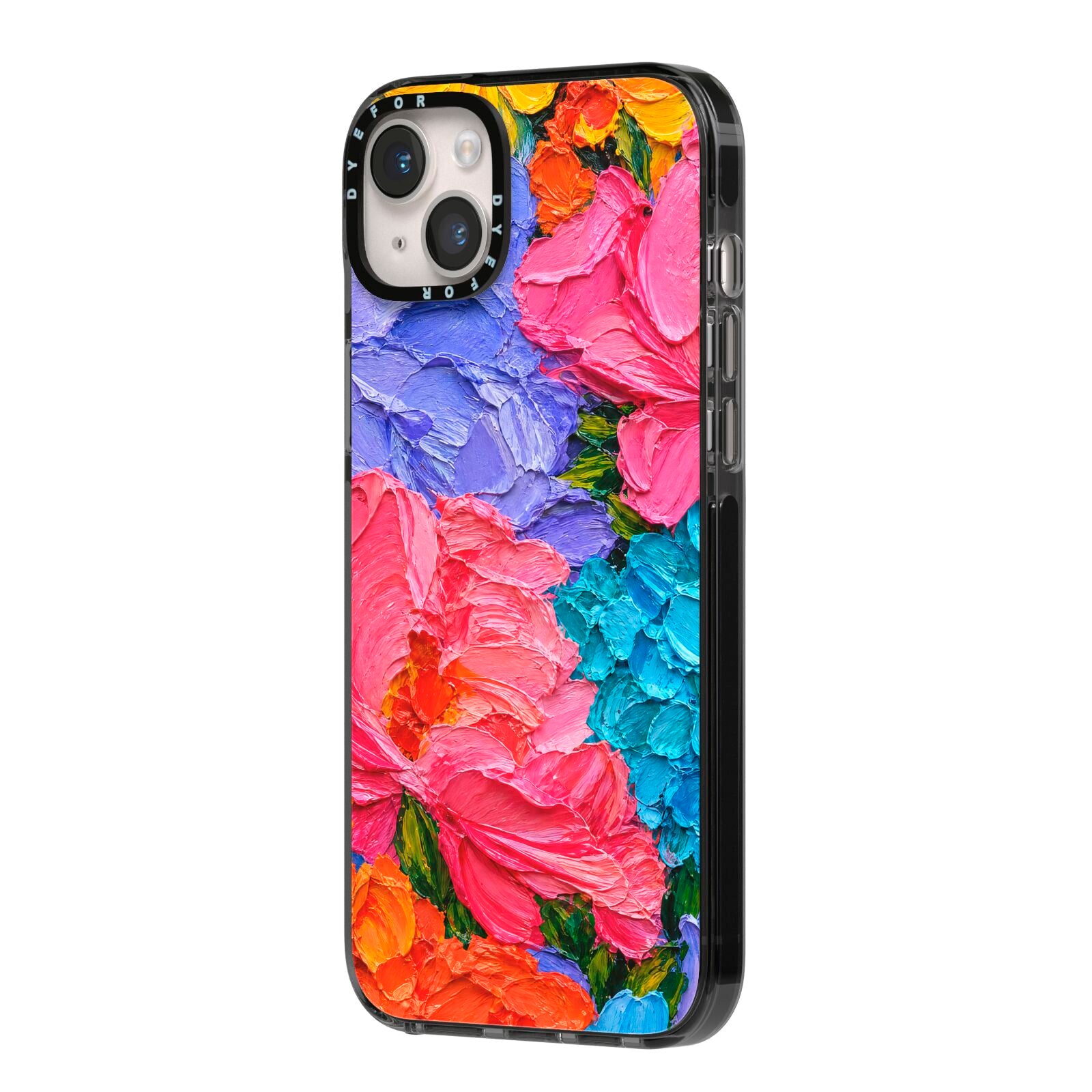 Bloom Riot iPhone 14 Plus Black Impact Case Side Angle on Silver phone
