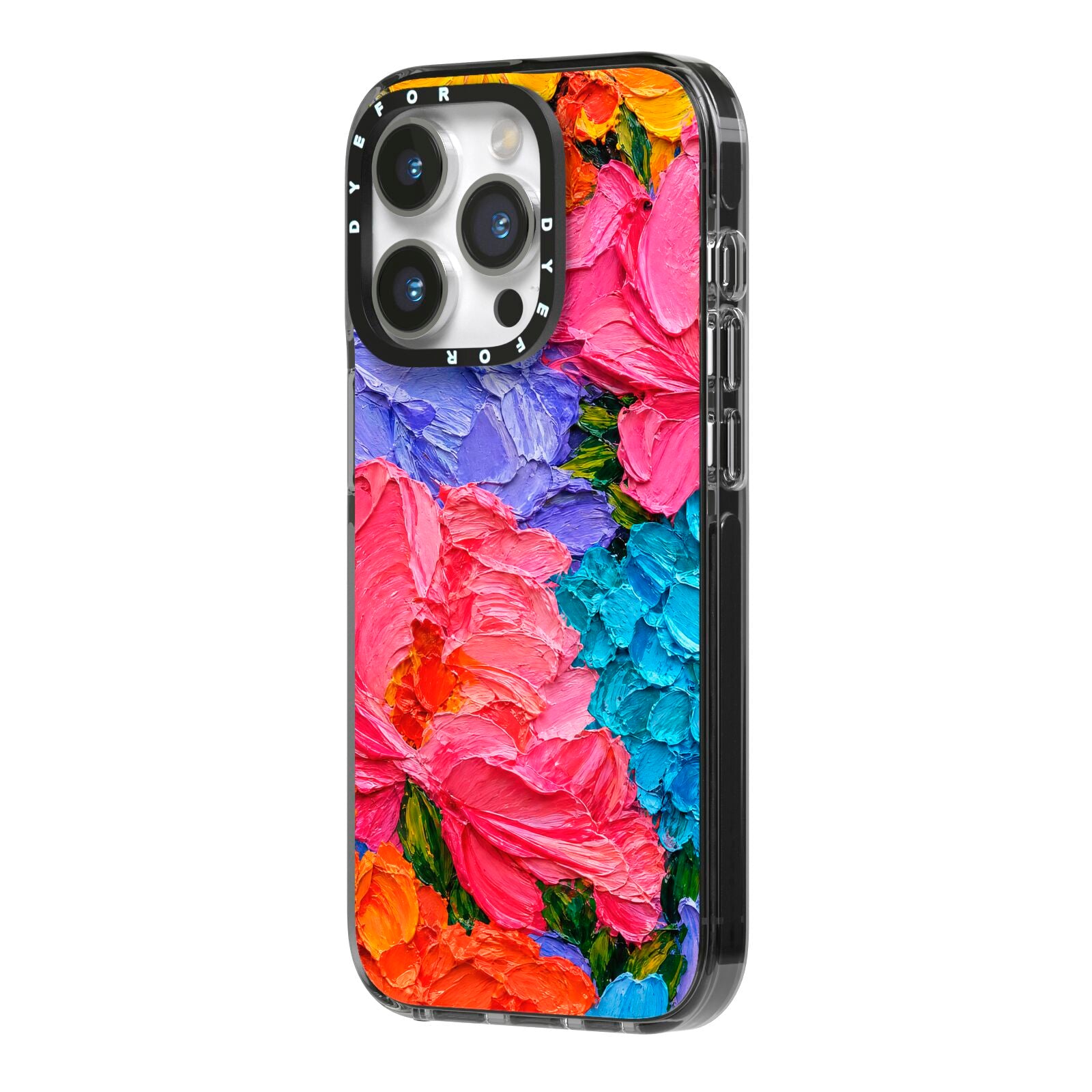 Bloom Riot iPhone 14 Pro Black Impact Case Side Angle on Silver phone