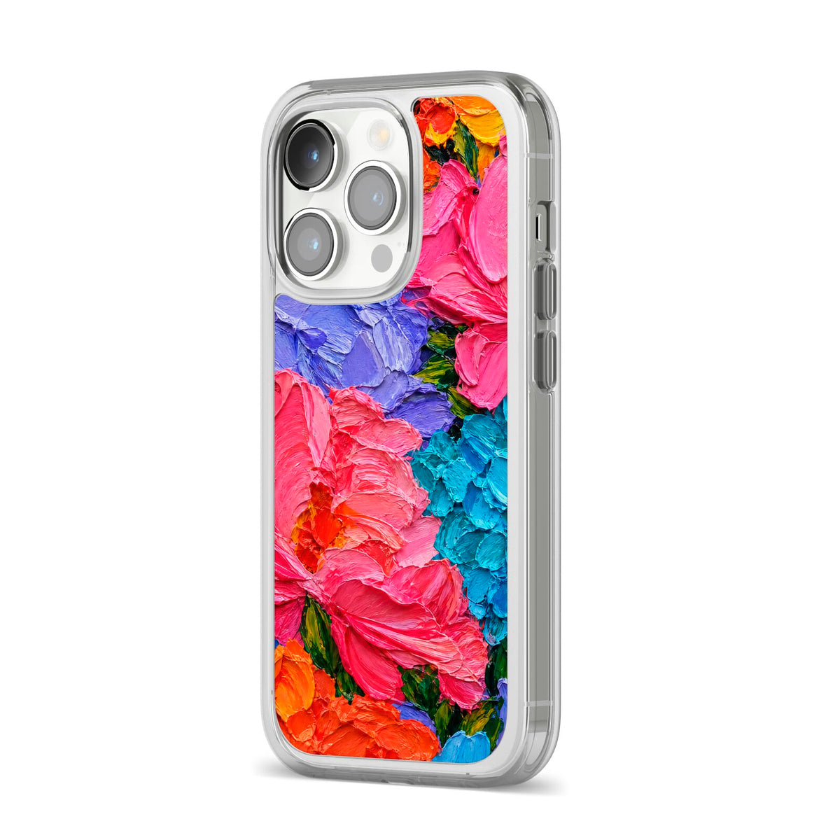Bloom Riot iPhone 14 Pro Clear Tough Case Silver Angled Image