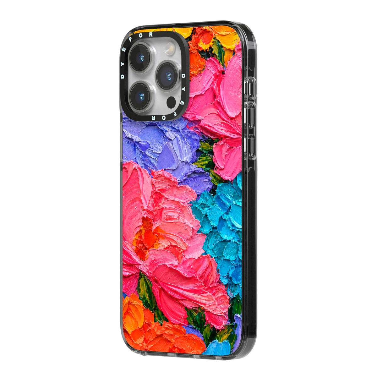 Bloom Riot iPhone 14 Pro Max Black Impact Case Side Angle on Silver phone