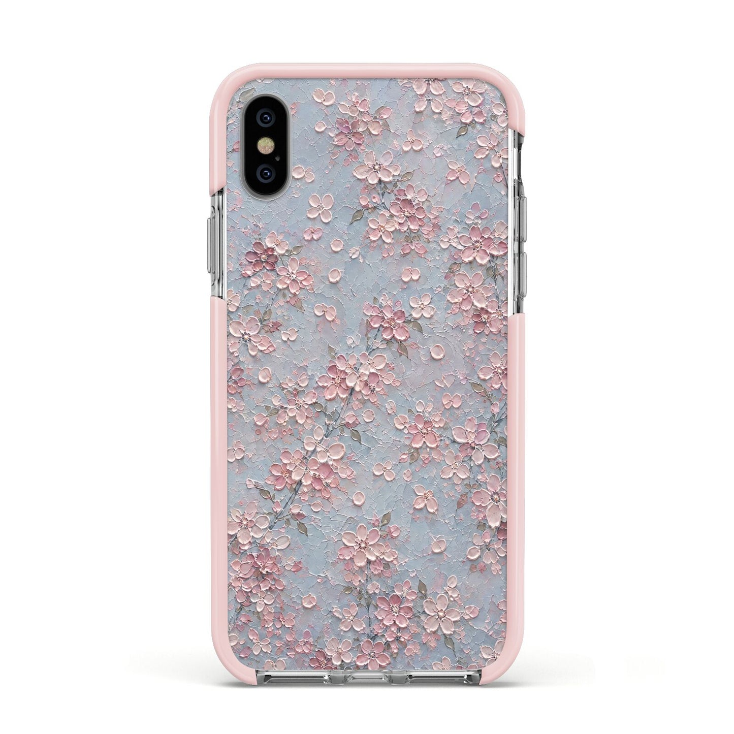 Blossom Haze Apple iPhone Xs Impact Case Pink Edge on Silver Phone