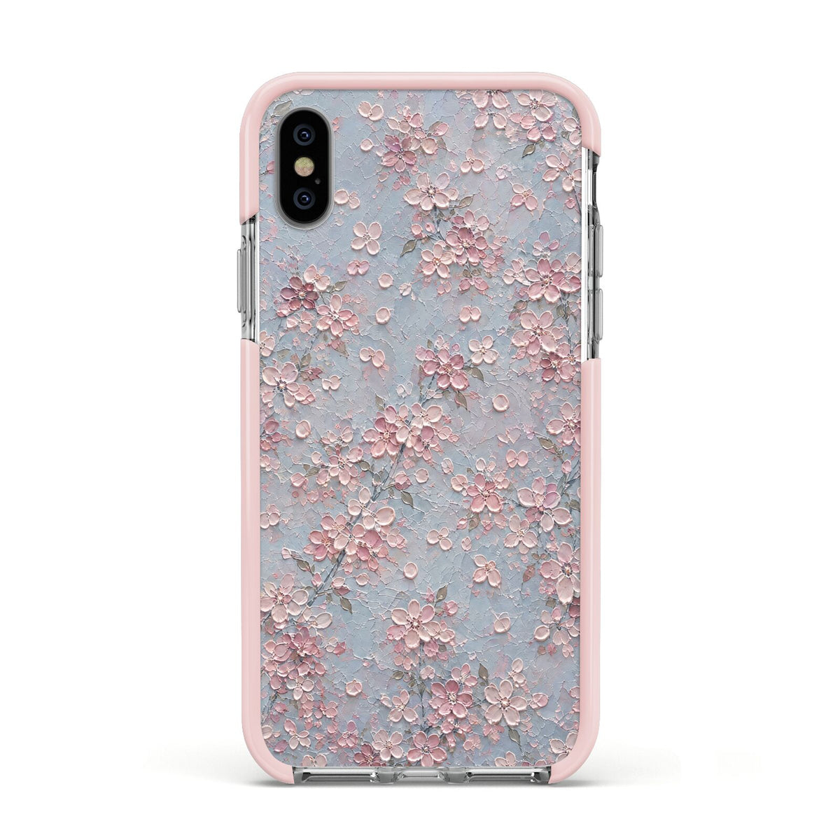 Blossom Haze Apple iPhone Xs Impact Case Pink Edge on Silver Phone