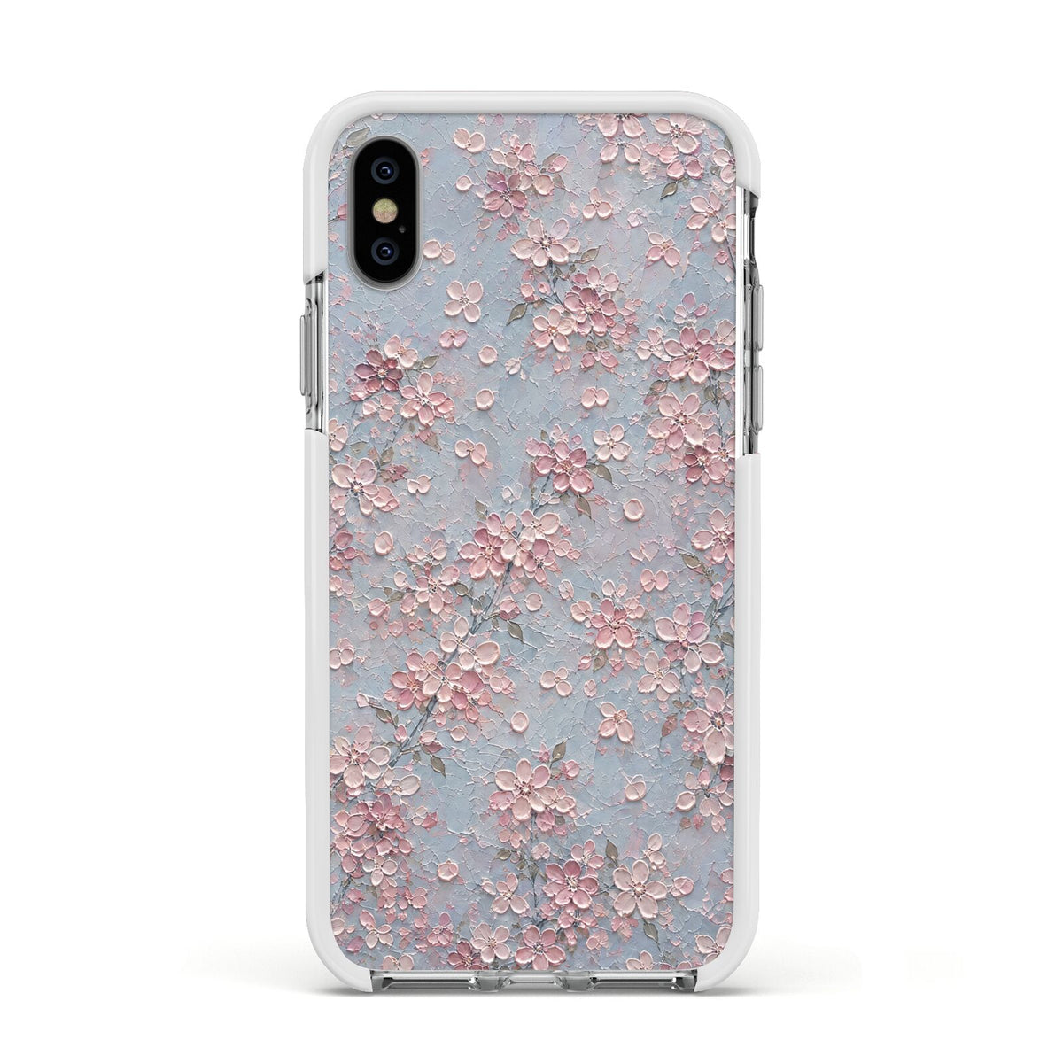 Blossom Haze Apple iPhone Xs Impact Case White Edge on Silver Phone