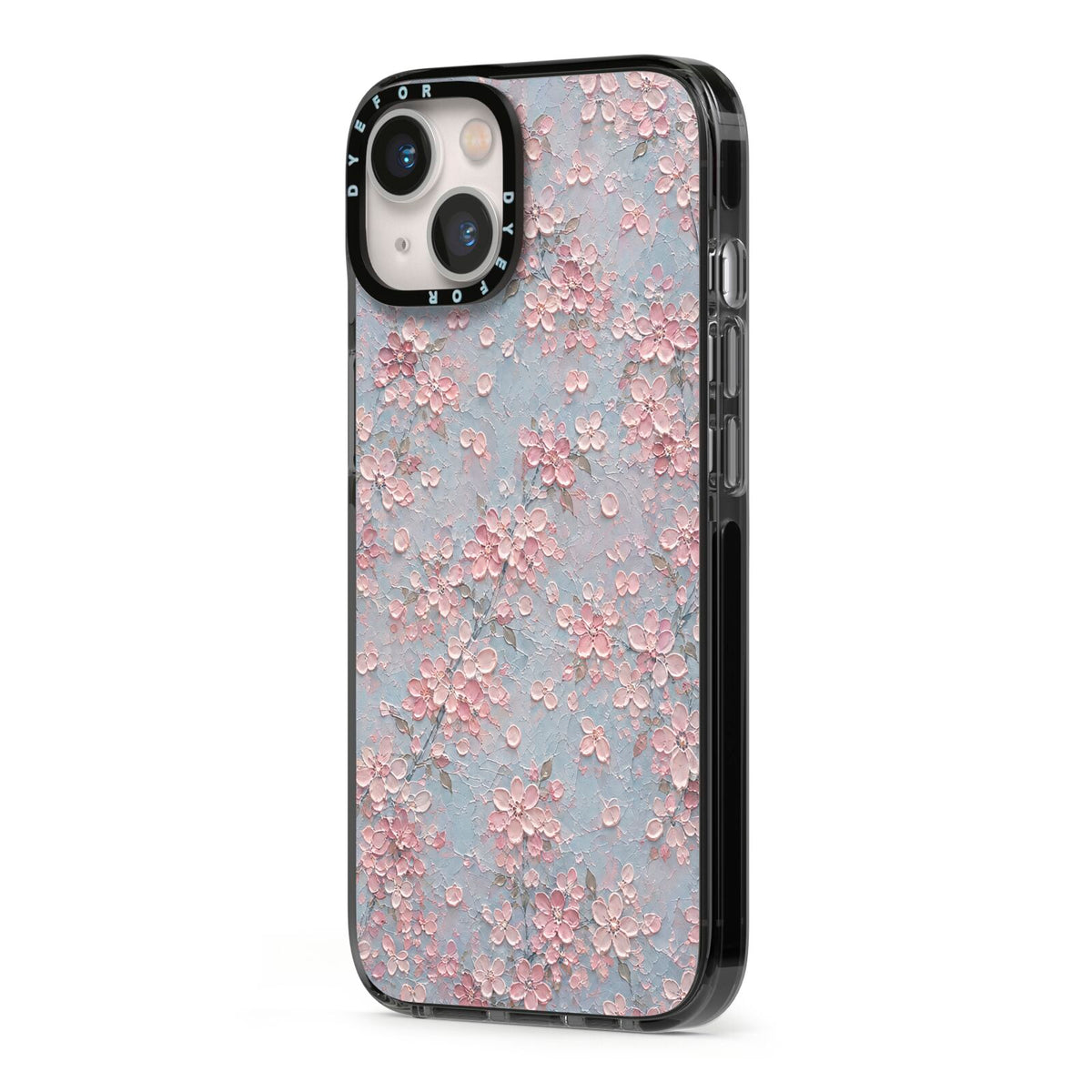 Blossom Haze iPhone 13 Black Impact Case Side Angle on Silver phone