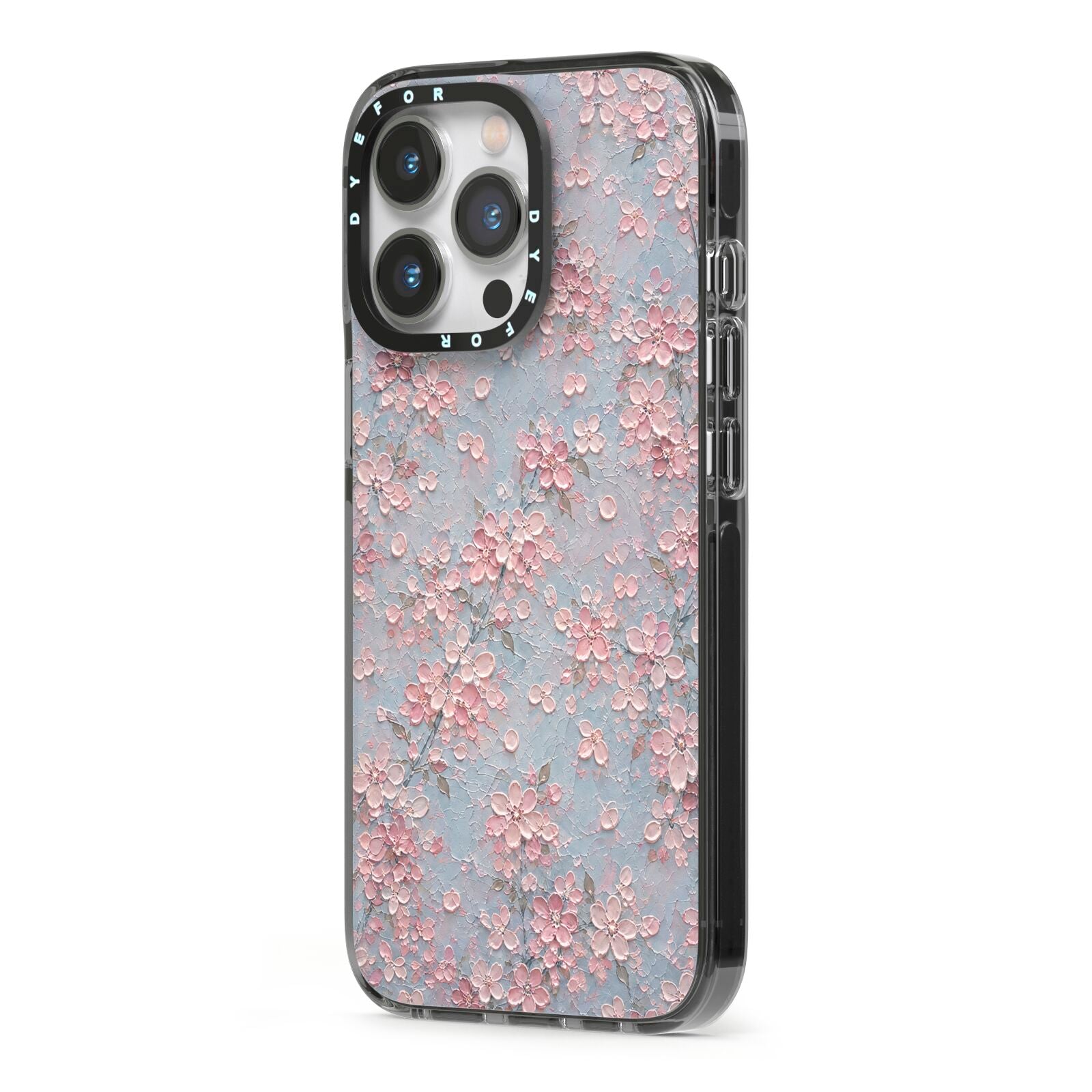 Blossom Haze iPhone 13 Pro Black Impact Case Side Angle on Silver phone