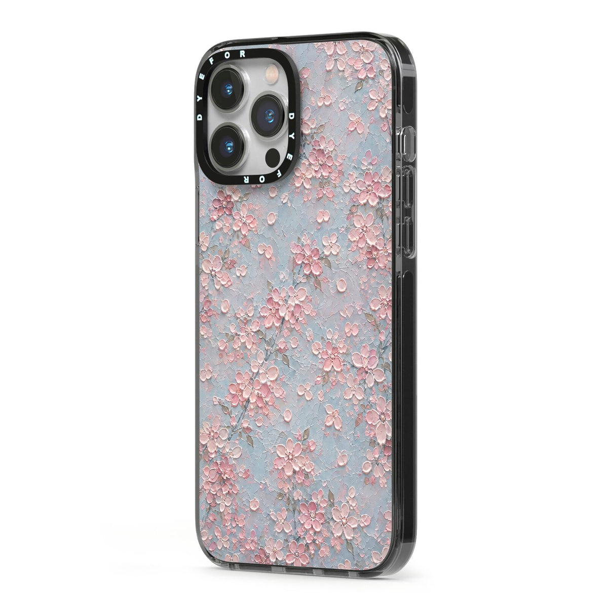 Blossom Haze iPhone 13 Pro Max Black Impact Case Side Angle on Silver phone