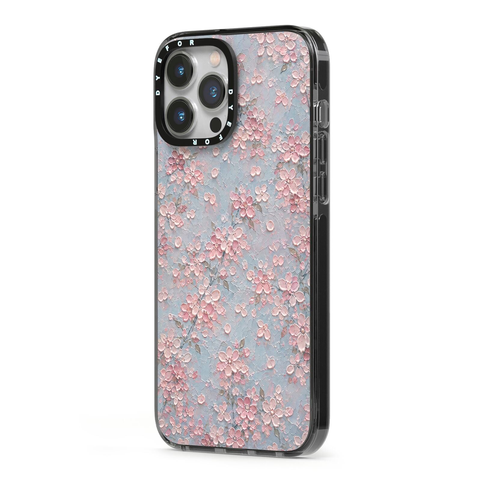 Blossom Haze iPhone 13 Pro Max Black Impact Case Side Angle on Silver phone