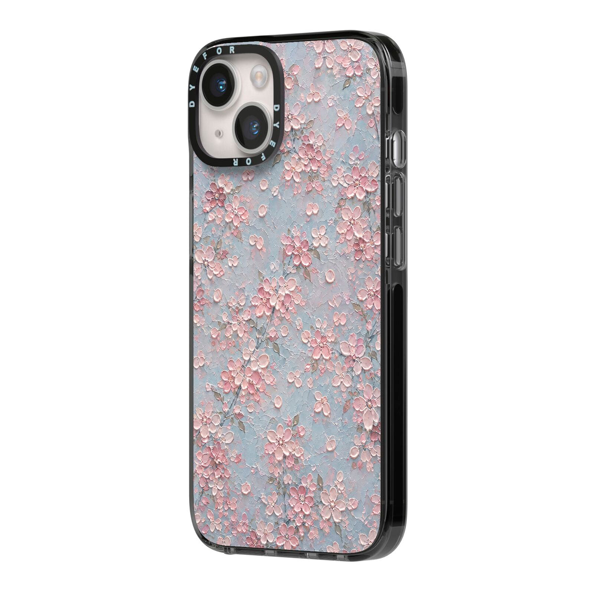 Blossom Haze iPhone 14 Black Impact Case Side Angle on Silver phone
