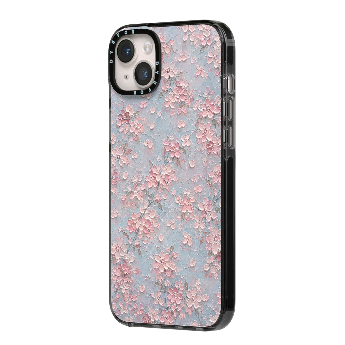 Blossom Haze iPhone 14 Plus Black Impact Case Side Angle on Silver phone