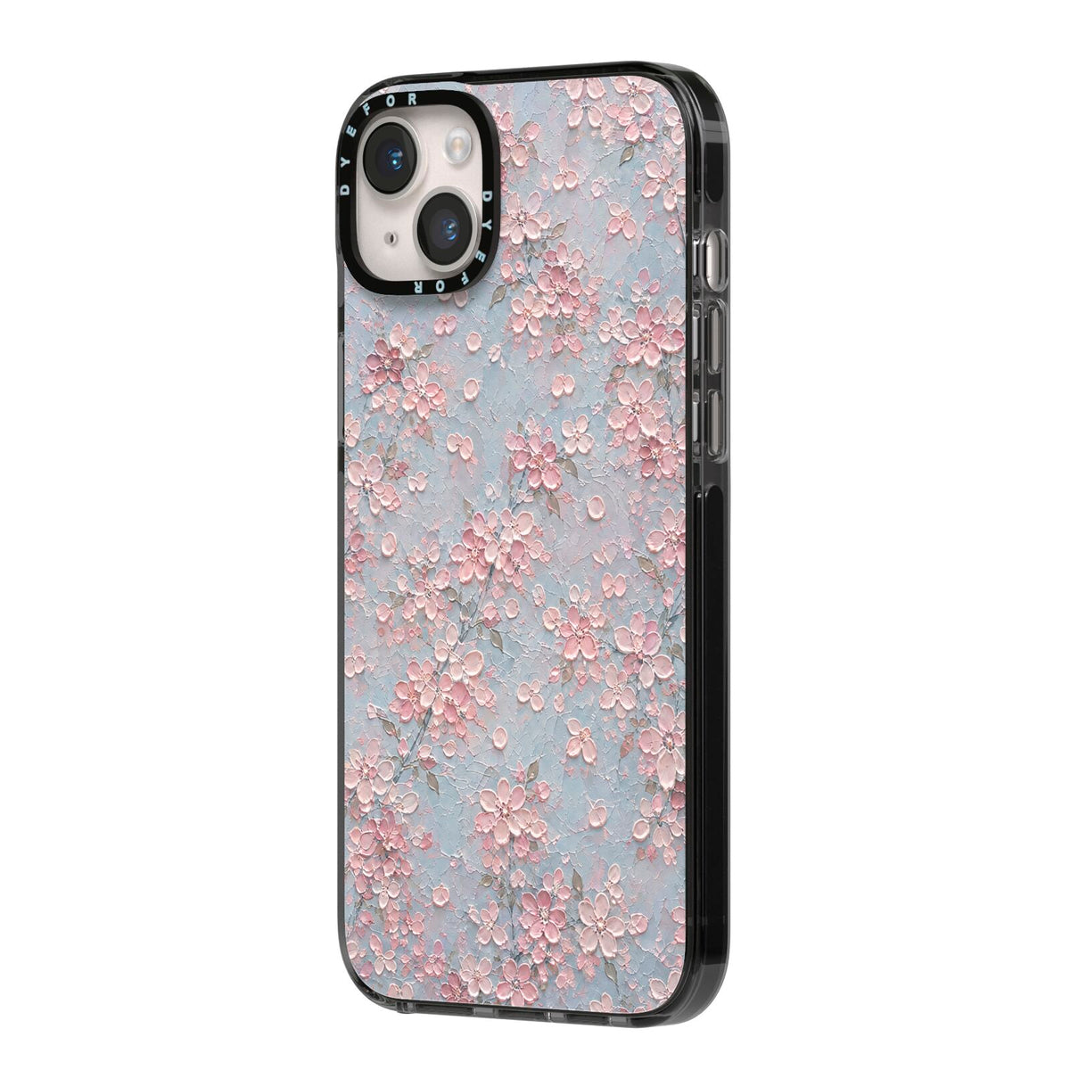 Blossom Haze iPhone 14 Plus Black Impact Case Side Angle on Silver phone