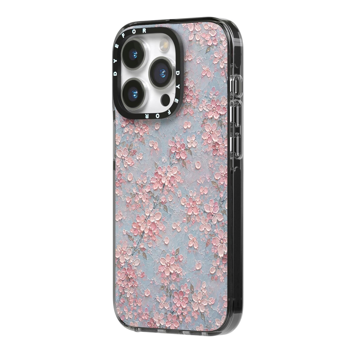 Blossom Haze iPhone 14 Pro Black Impact Case Side Angle on Silver phone