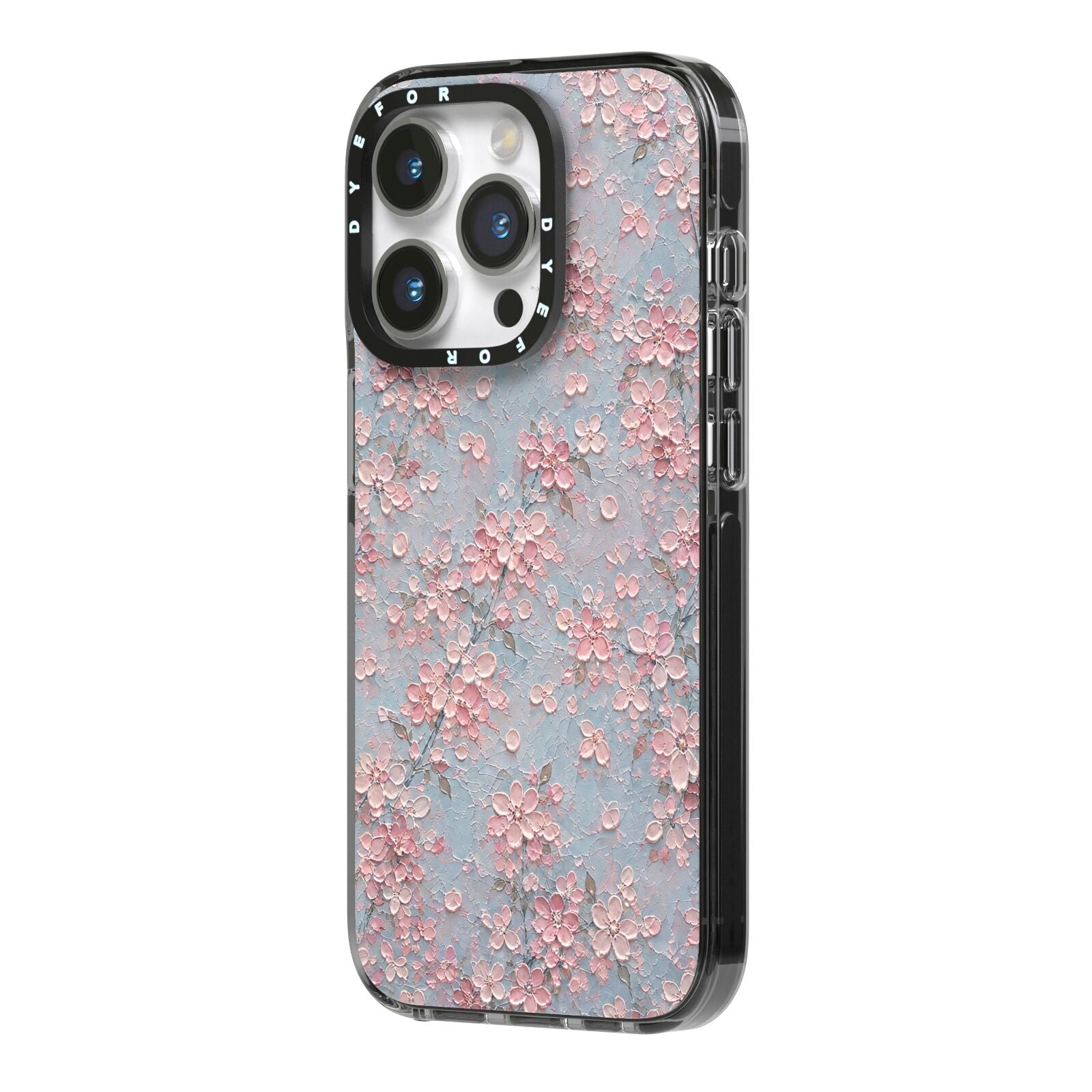 Blossom Haze iPhone 14 Pro Black Impact Case Side Angle on Silver phone