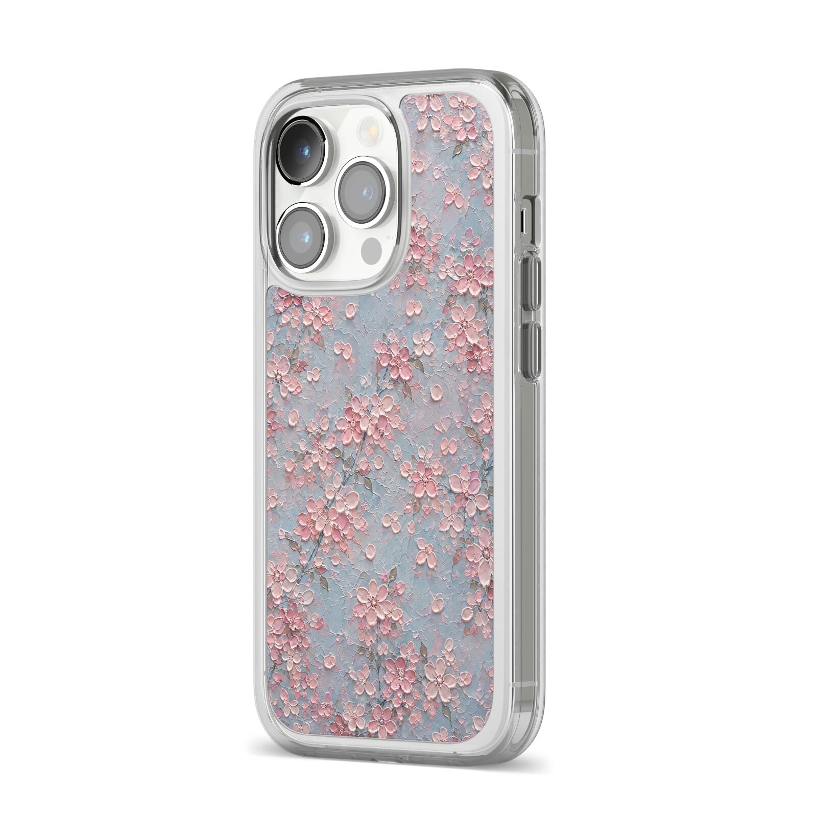 Blossom Haze iPhone 14 Pro Clear Tough Case Silver Angled Image