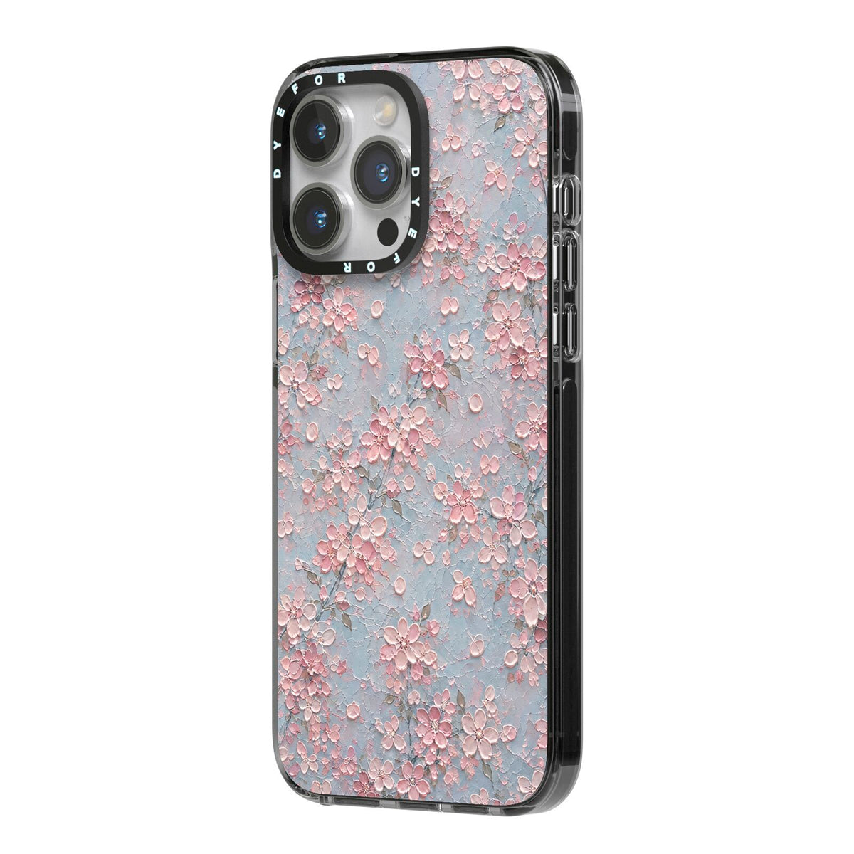 Blossom Haze iPhone 14 Pro Max Black Impact Case Side Angle on Silver phone