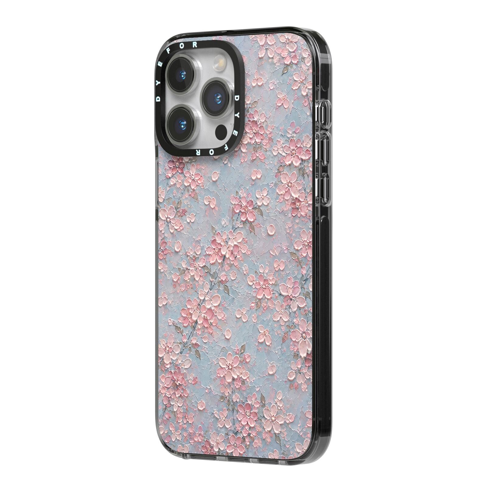 Blossom Haze iPhone 14 Pro Max Black Impact Case Side Angle on Silver phone