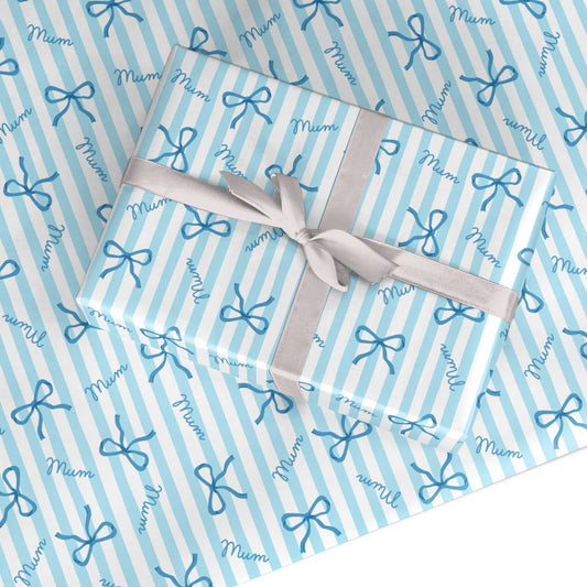Blue Bow Mum Stripe Mothers Day Custom Wrapping Paper