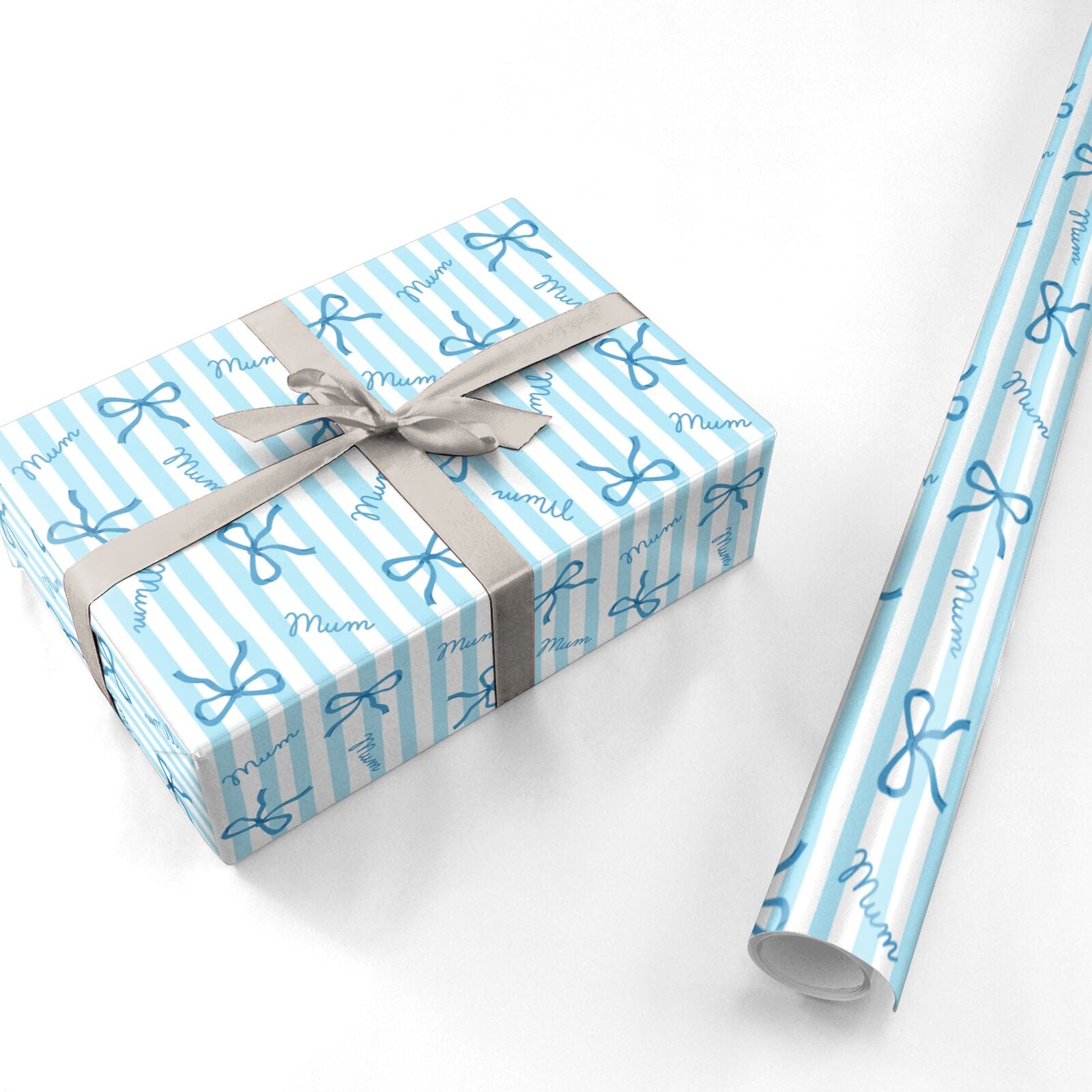 Blue Bow Mum Stripe Mothers Day Personalised Wrapping Paper