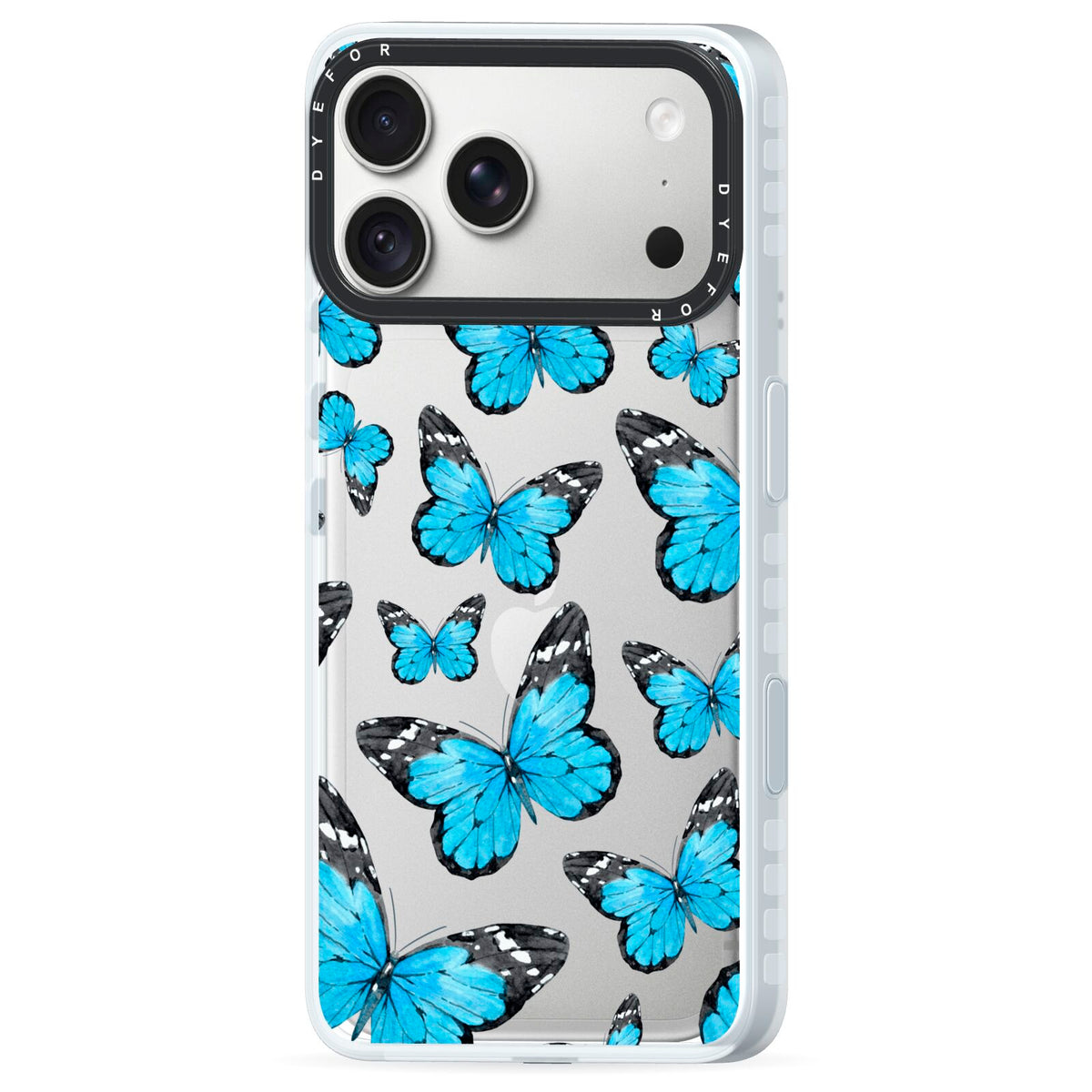 Blue Butterfly iPhone 18 Pro Black Impact Pre order Case Side Angle on Silver phone