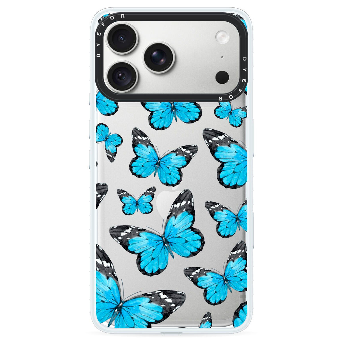 Blue Butterfly iPhone 18 Pro Black Impact Pre order Case on Silver phone