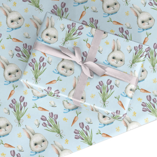 Blue Easter Bunny Tulip Design Custom Wrapping Paper