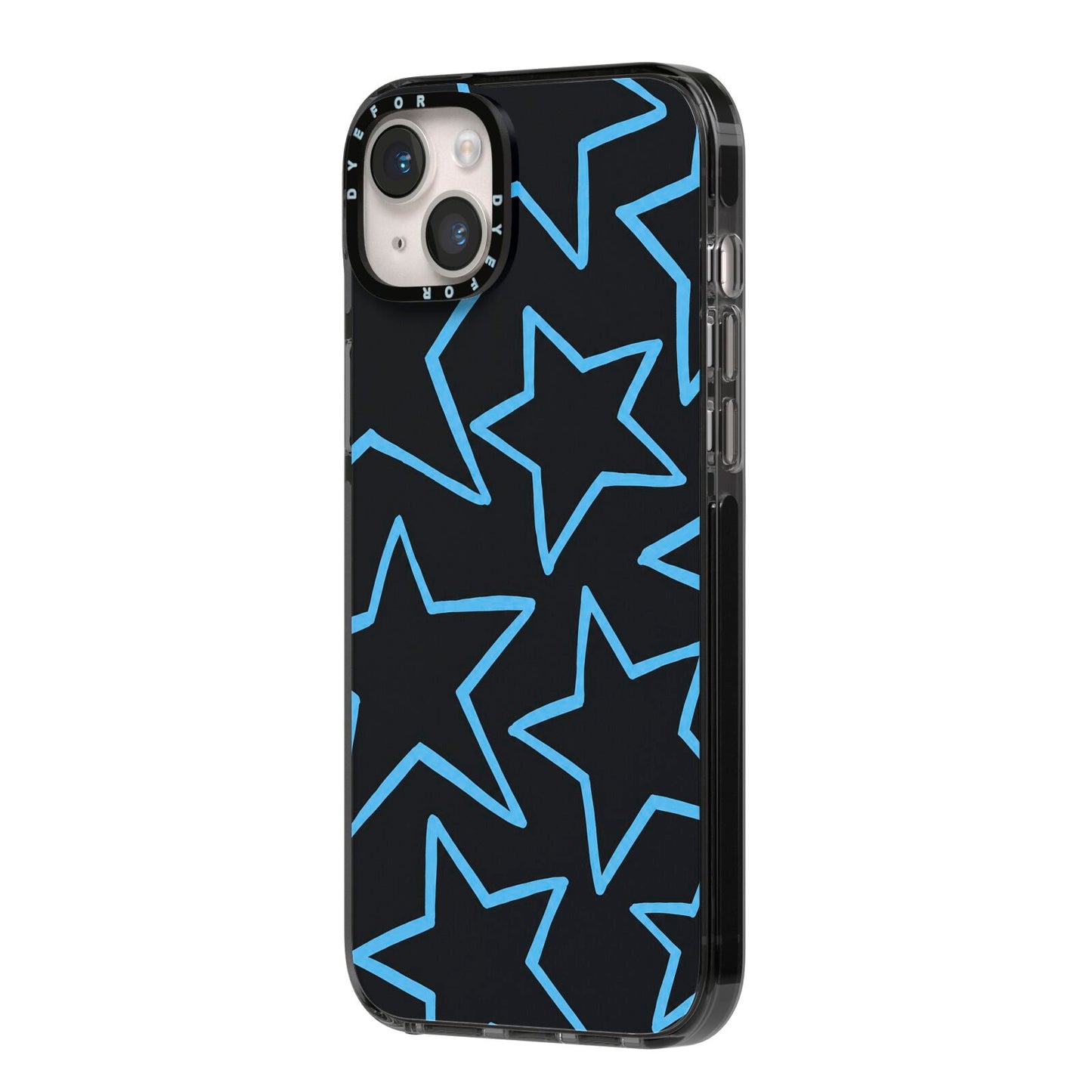 Blue Hour Stars iPhone 14 Plus Black Impact Case Side Angle on Silver phone