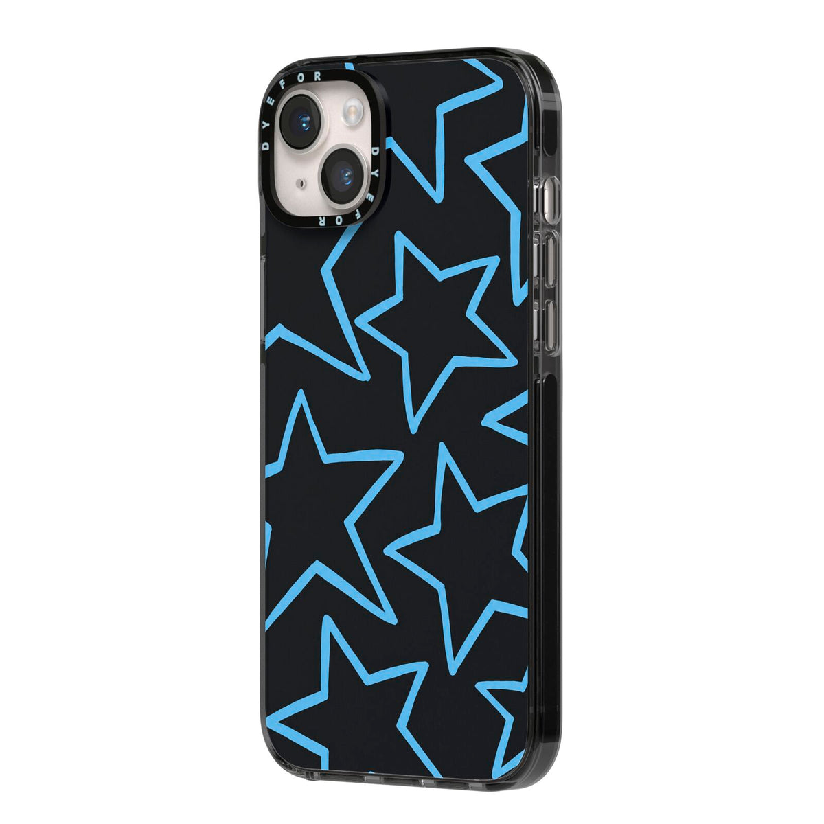Blue Hour Stars iPhone 14 Plus Black Impact Case Side Angle on Silver phone