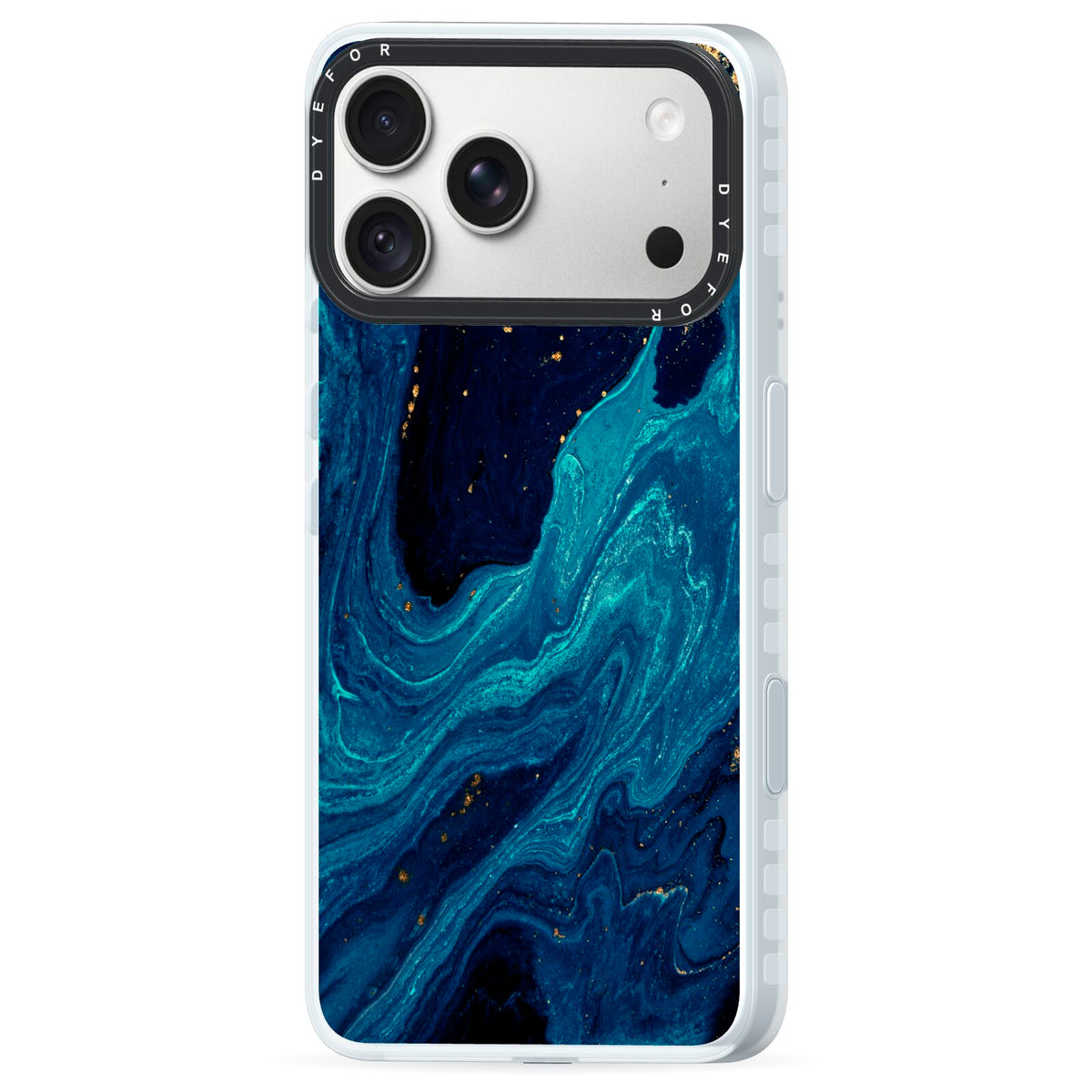 Blue Lagoon Marble iPhone 18 Pro Black Impact Pre order Case Side Angle on Silver phone