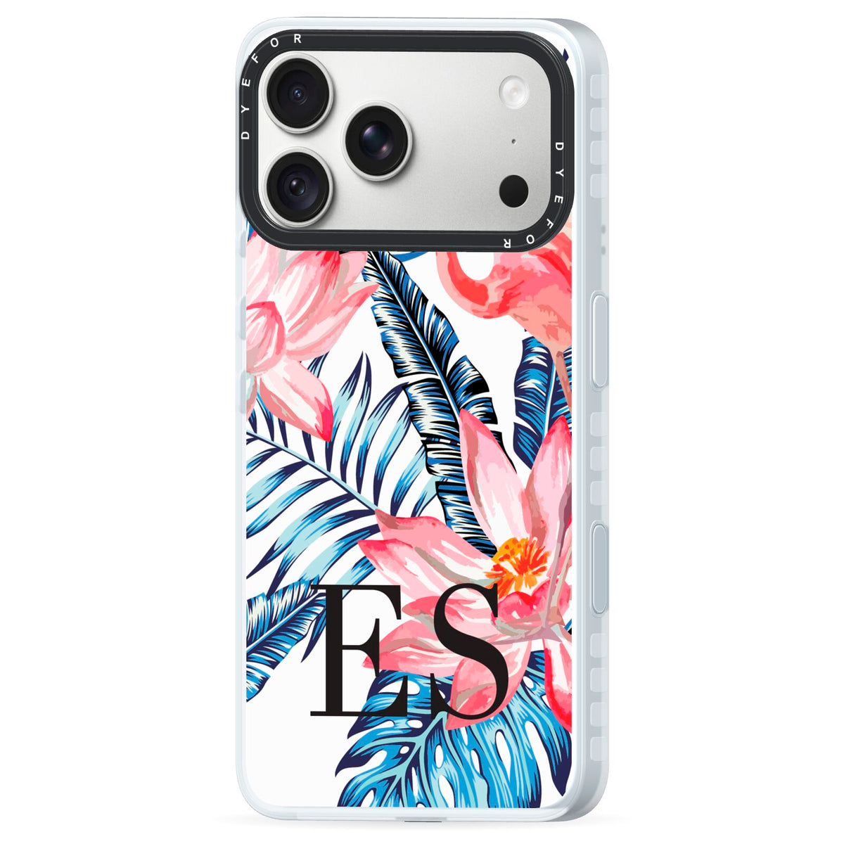 Blue Leaves Pink Flamingos iPhone 18 Pro Black Impact Pre order Case Side Angle on Silver phone