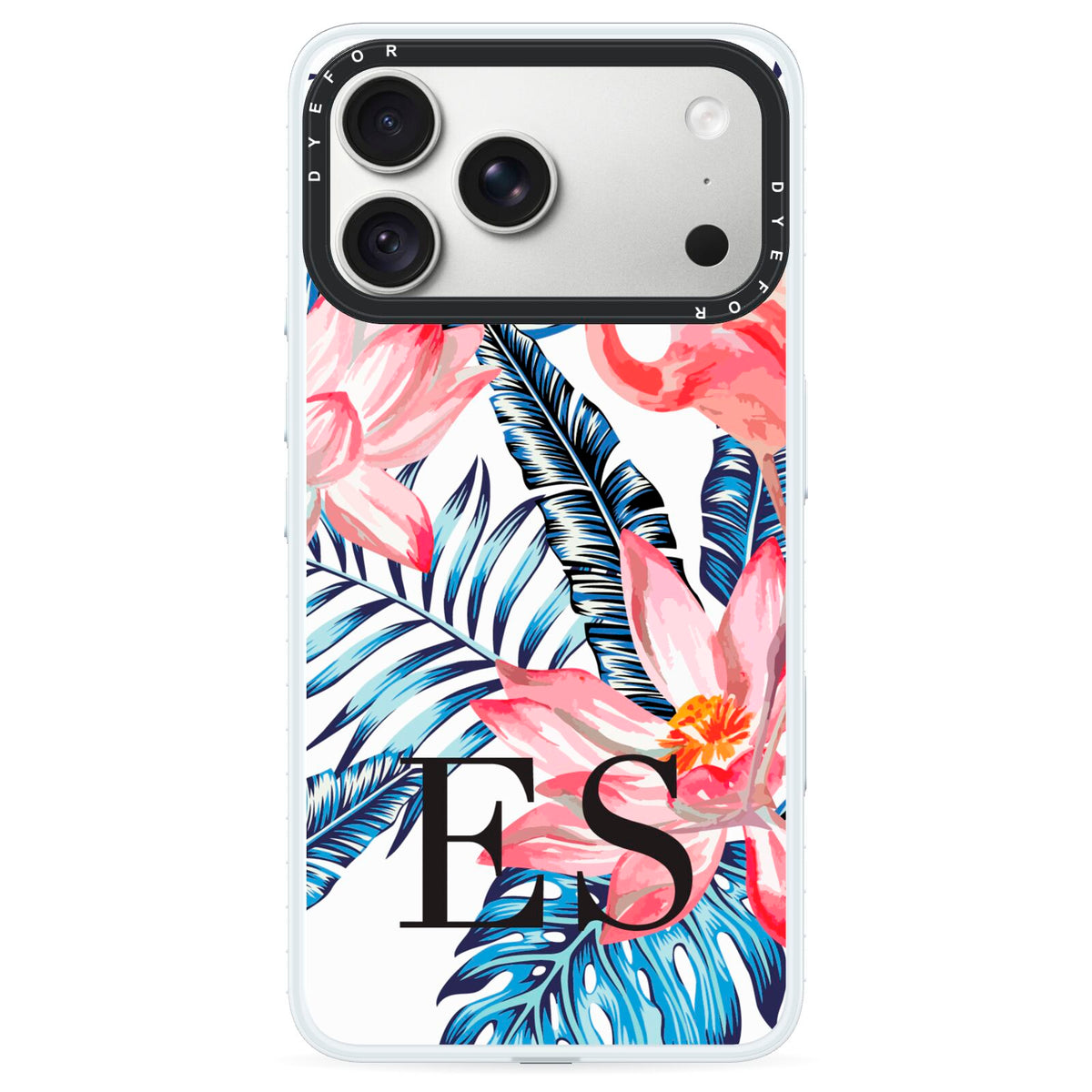 Blue Leaves Pink Flamingos iPhone 18 Pro Max Black Impact Pre order Case on Silver phone