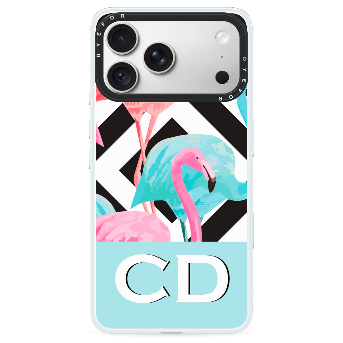 Blue Pink Flamingos iPhone 18 Pro Black Impact Pre order Case on Silver phone