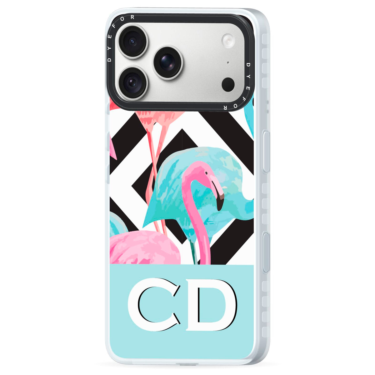 Blue Pink Flamingos iPhone 18 Pro Max Black Impact Pre order Case Side Angle on Silver phone
