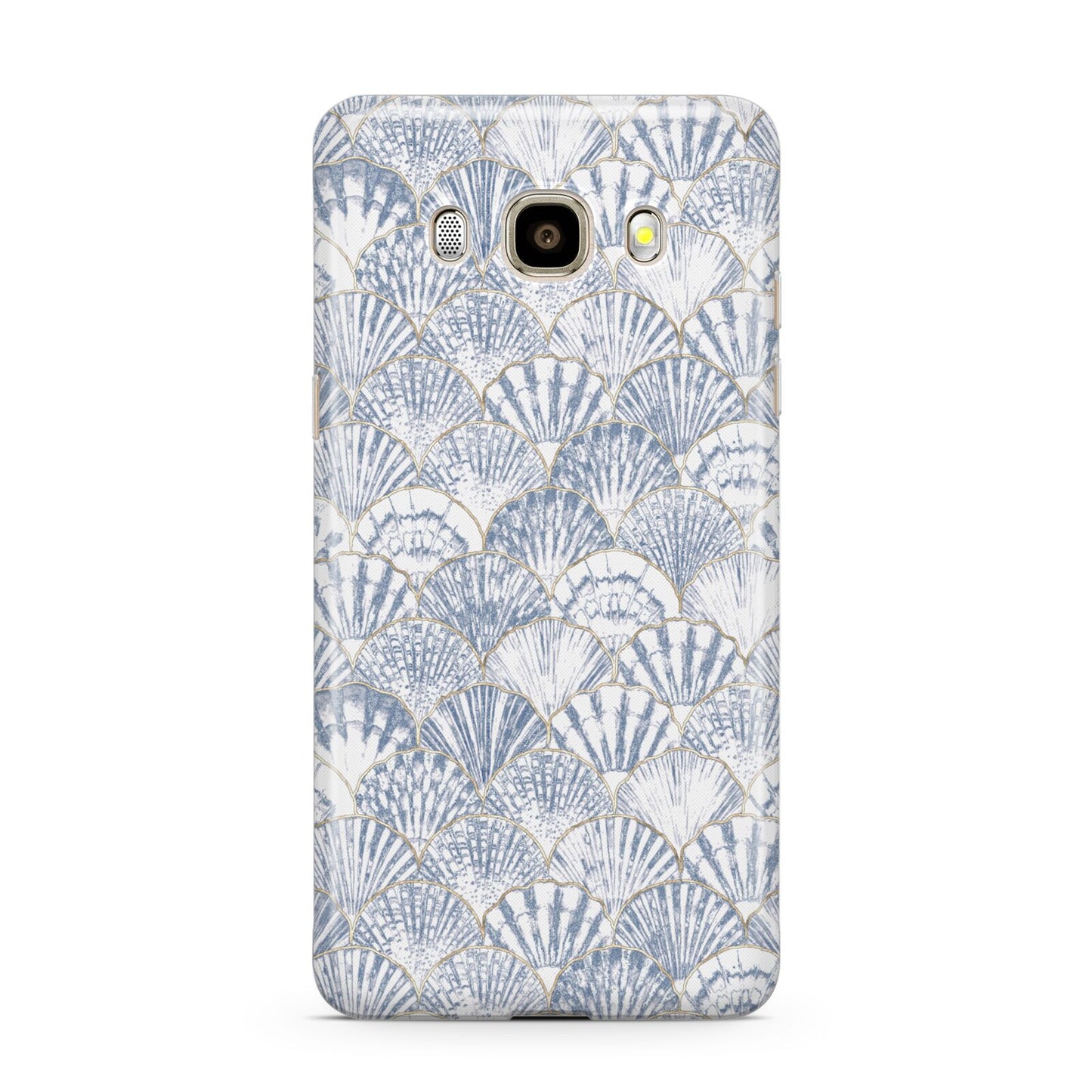 Blue Seashell Pattern Samsung Galaxy J7 2016 Case on gold phone