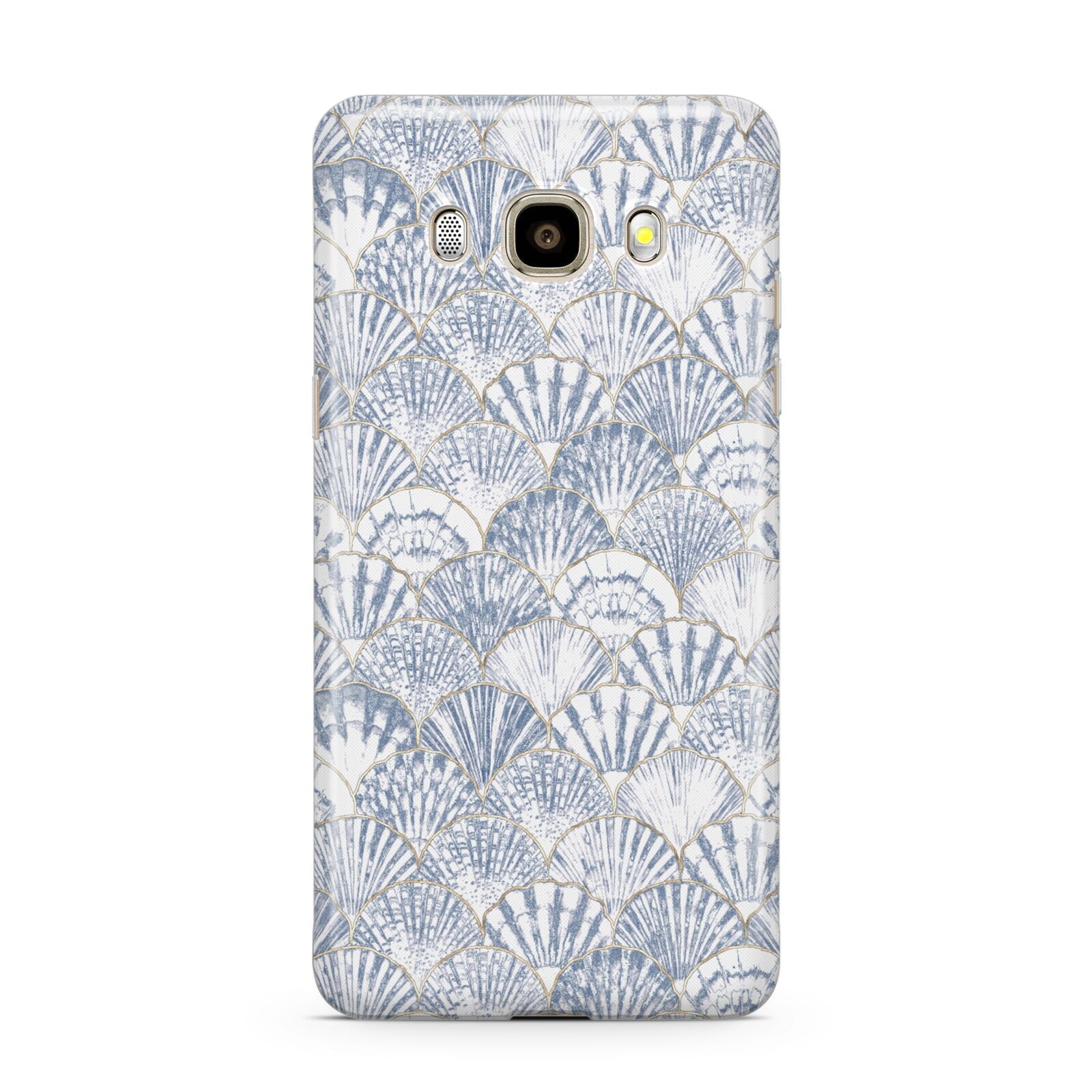 Blue Seashell Pattern Samsung Galaxy J7 2016 Case on gold phone