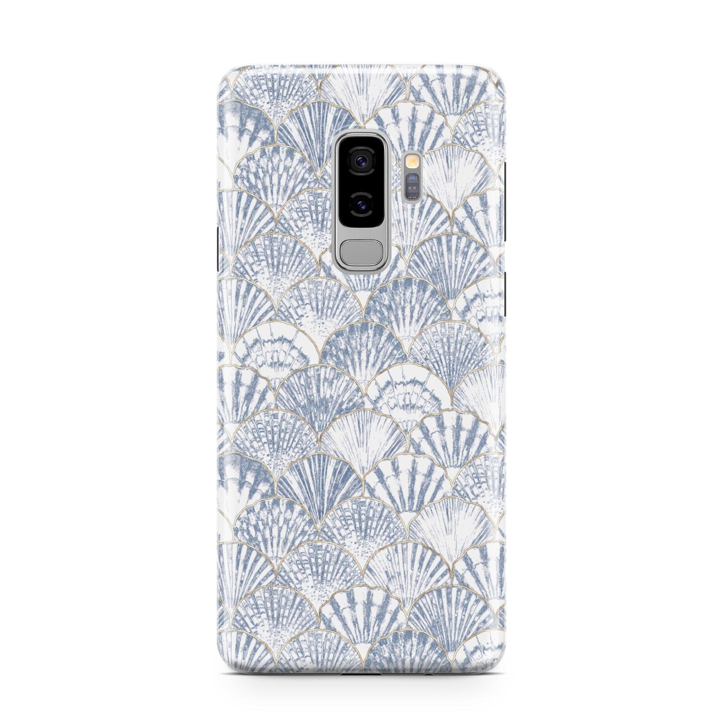 Blue Seashell Pattern Samsung Galaxy S9 Plus Case on Silver phone