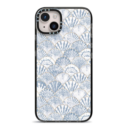 Blue Seashell Pattern iPhone 14 Plus Black Impact Case on Silver phone