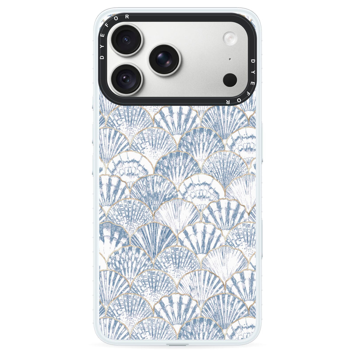 Blue Seashell Pattern iPhone 18 Pro Black Impact Pre order Case on Silver phone