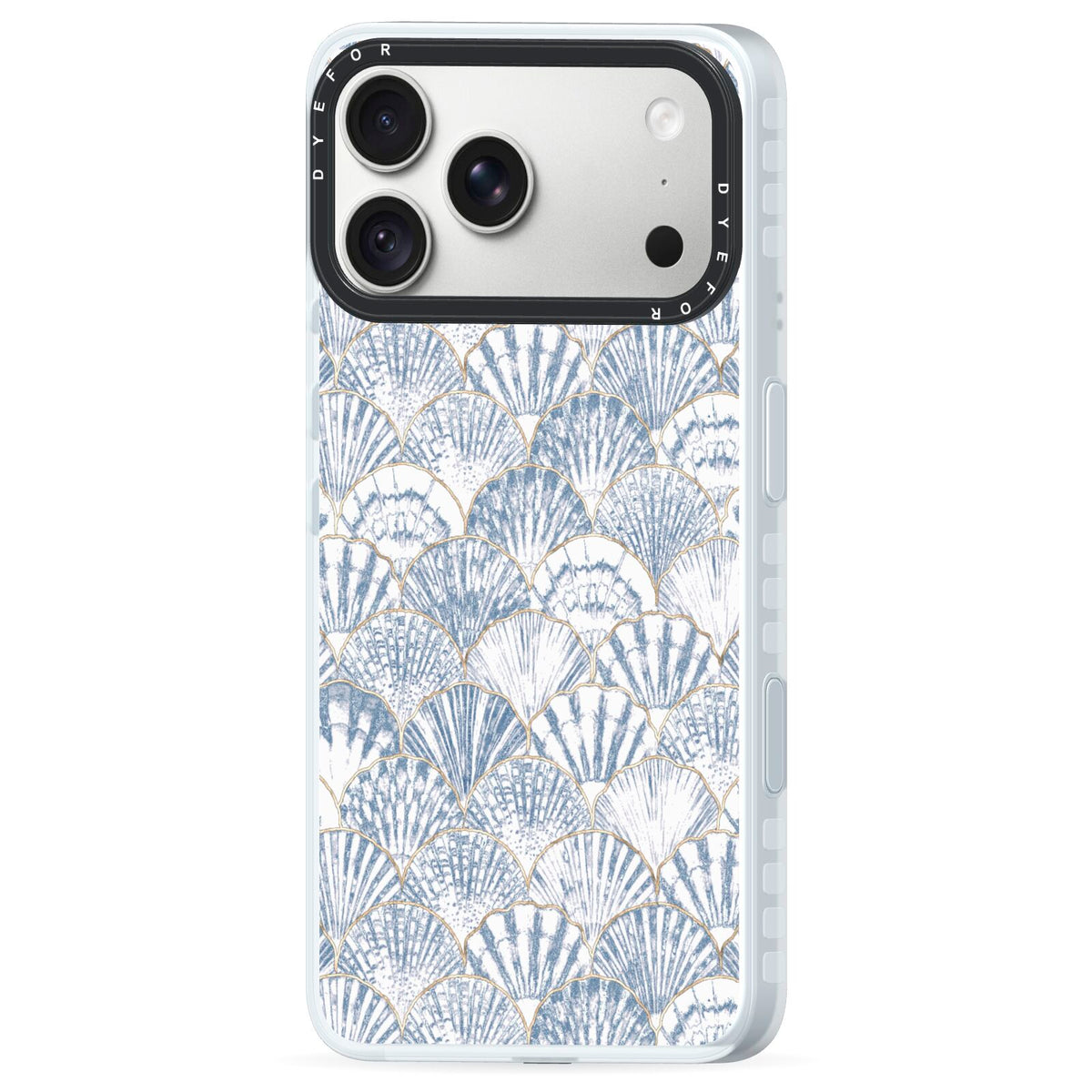 Blue Seashell Pattern iPhone 18 Pro Max Black Impact Pre order Case Side Angle on Silver phone